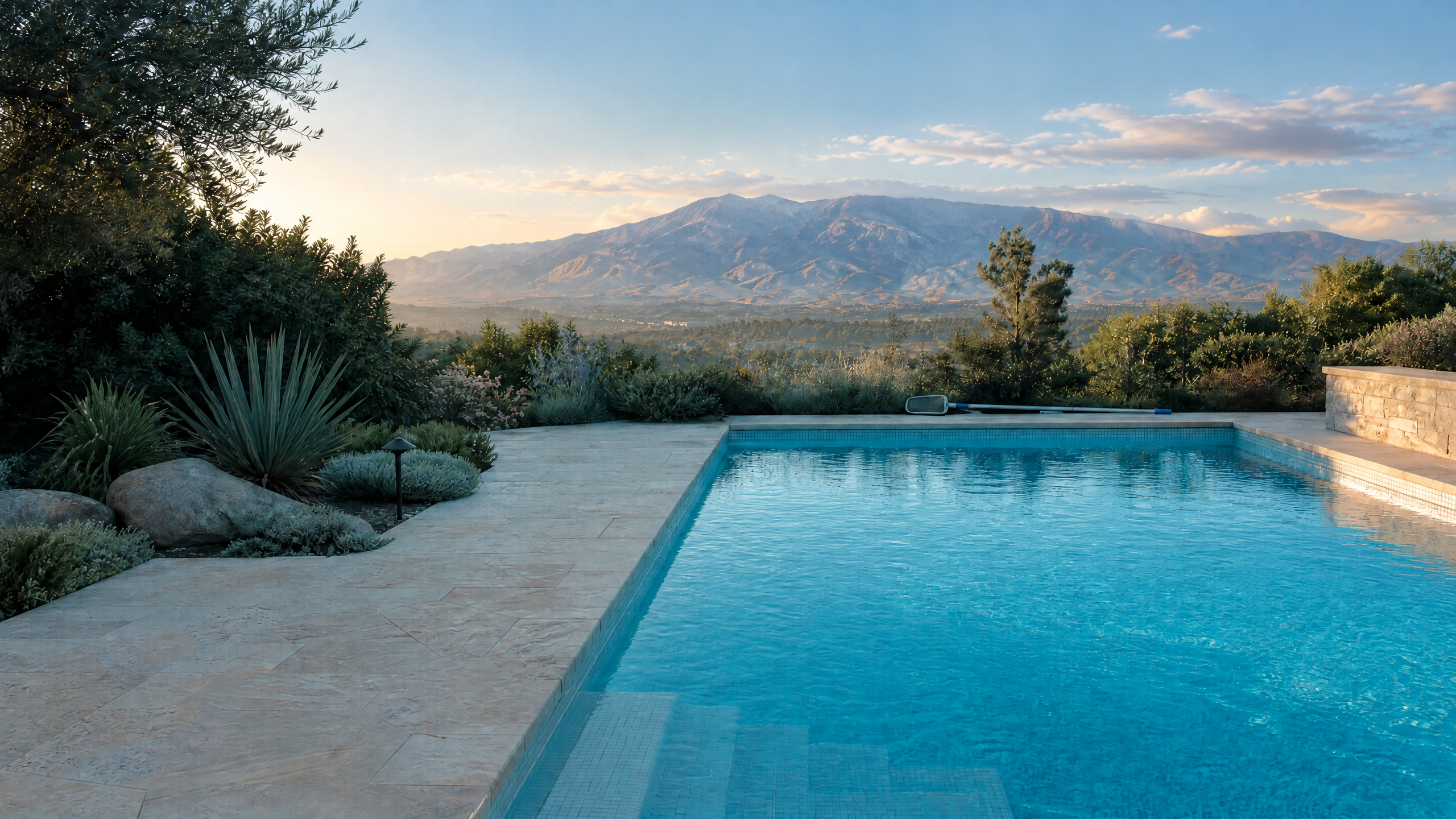 Residential swimming pool with the San Gorgonio mountain range near Beaumont, California
